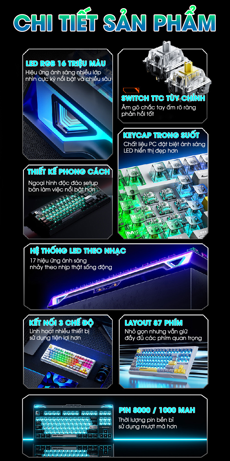 Bàn phím cơ gaming không dây INPHIC K87PRO bluetooth 87 phím 3 mode ...