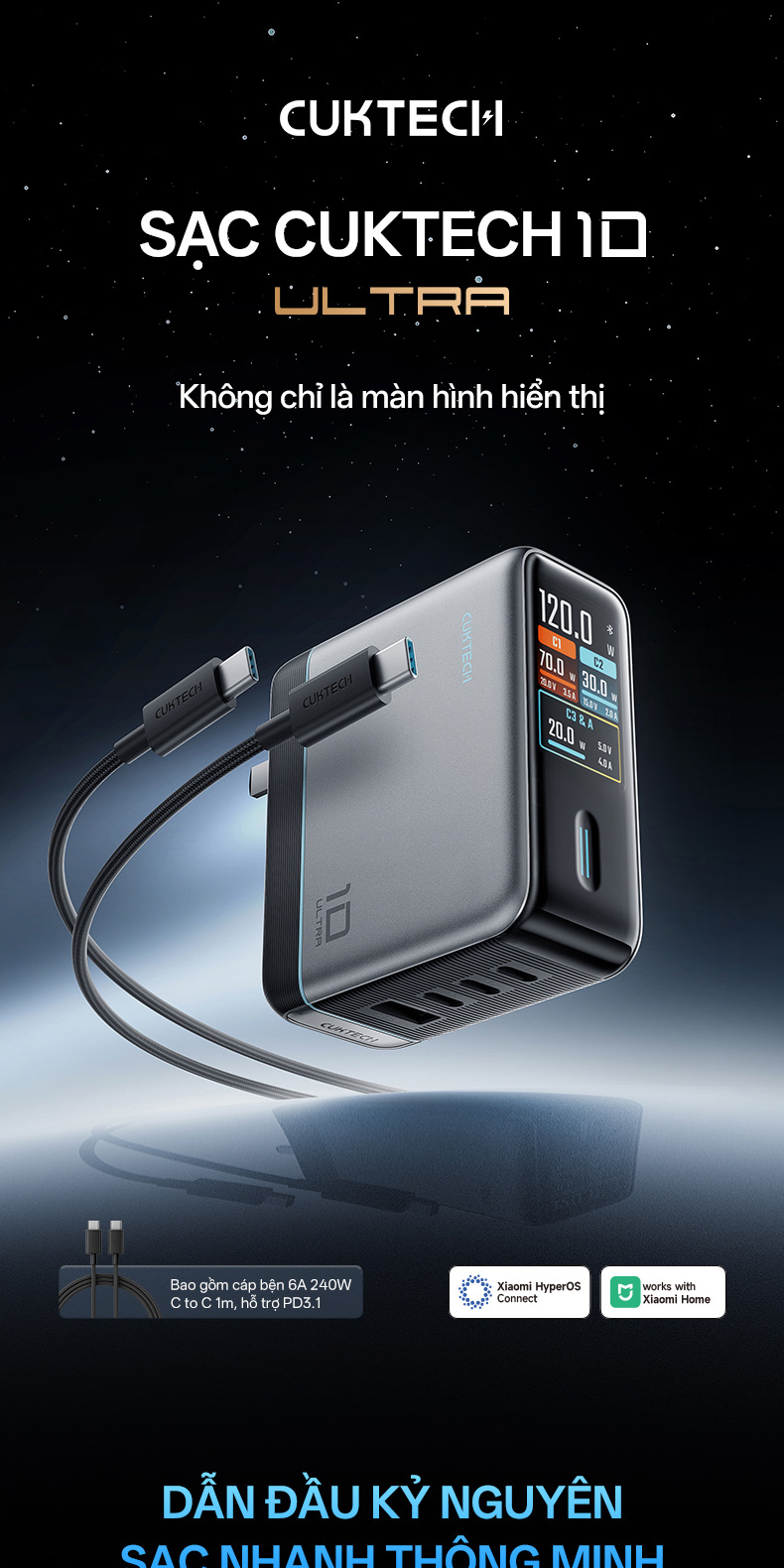 Củ Sạc Nhanh CUKTECH GaN 120W 4 Cổng Điều Khiển App Mi Home Cho Laptop/MacBook/iP 18/17/16 Pro Max/Xiaomi 17/Samsung S26