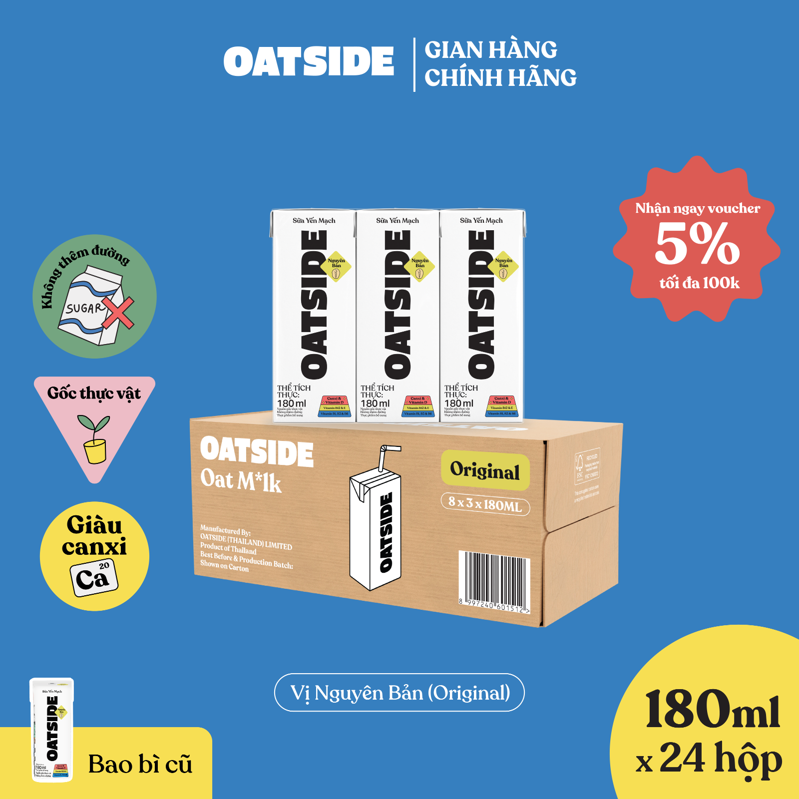 Sữa yến mạch OATSIDE vị nguyên bản Original lốc 180ml x 24 - Không ...