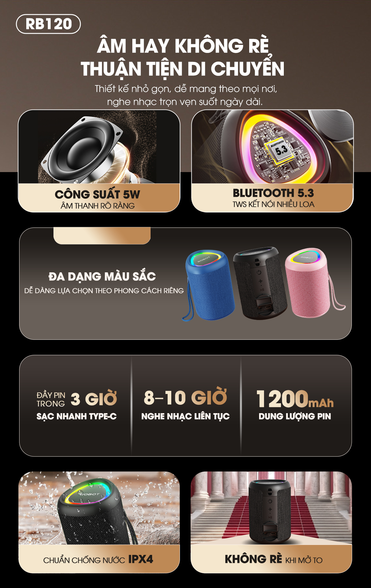Loa Bluetooth Mini ROBOT RB120 Hồng Matte phiên bản giới hạn Công Suất ...