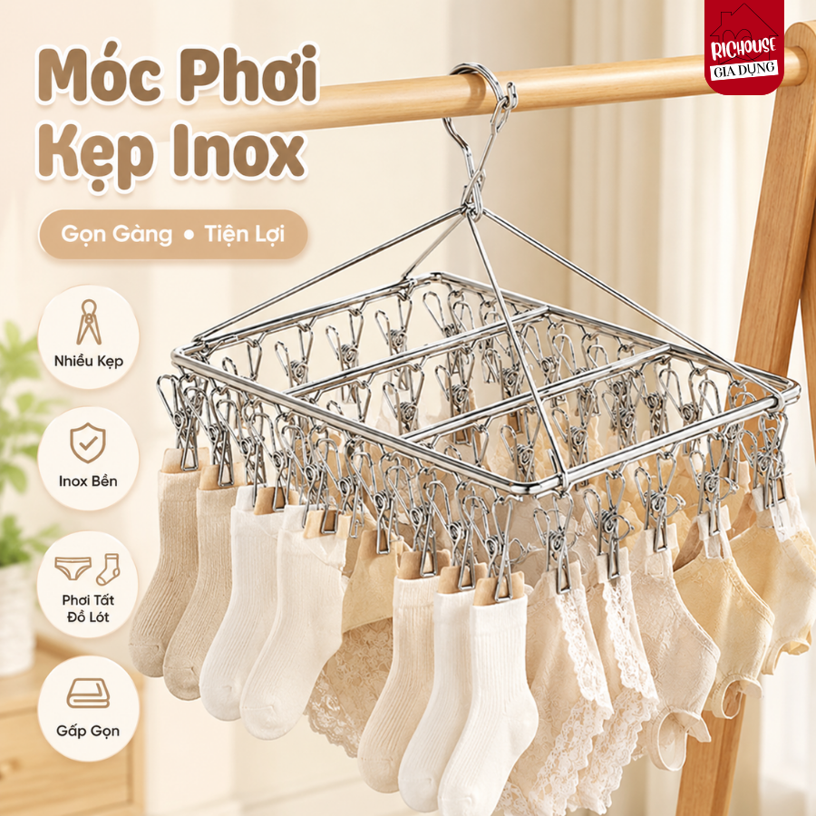 Móc Phơi Kẹp Inox Đa Năng 20-50 kẹp, Giàn Kẹp Phơi Tất Vớ Đồ Lót Khăn Nhỏ Gấp Gọn Tiện Lợi