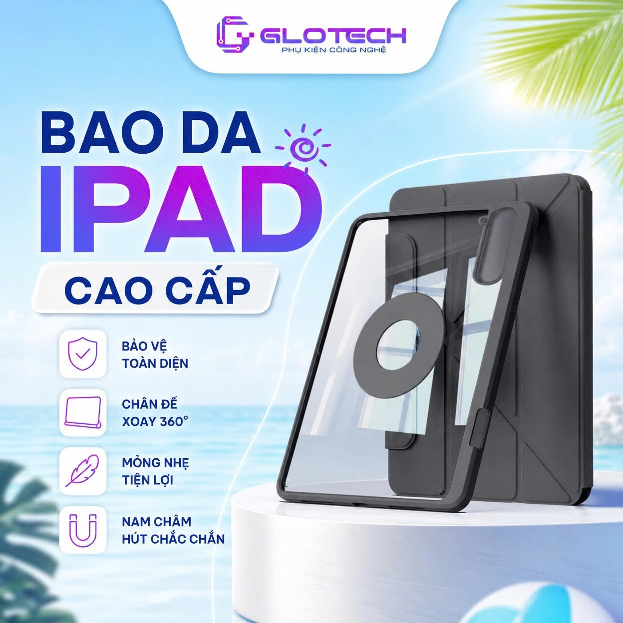 Bao Da iPad Chữ Y Xoay 360 _BDCY_02, Tách Từ Tính GLOTECH, Kèm Khay Bút ...