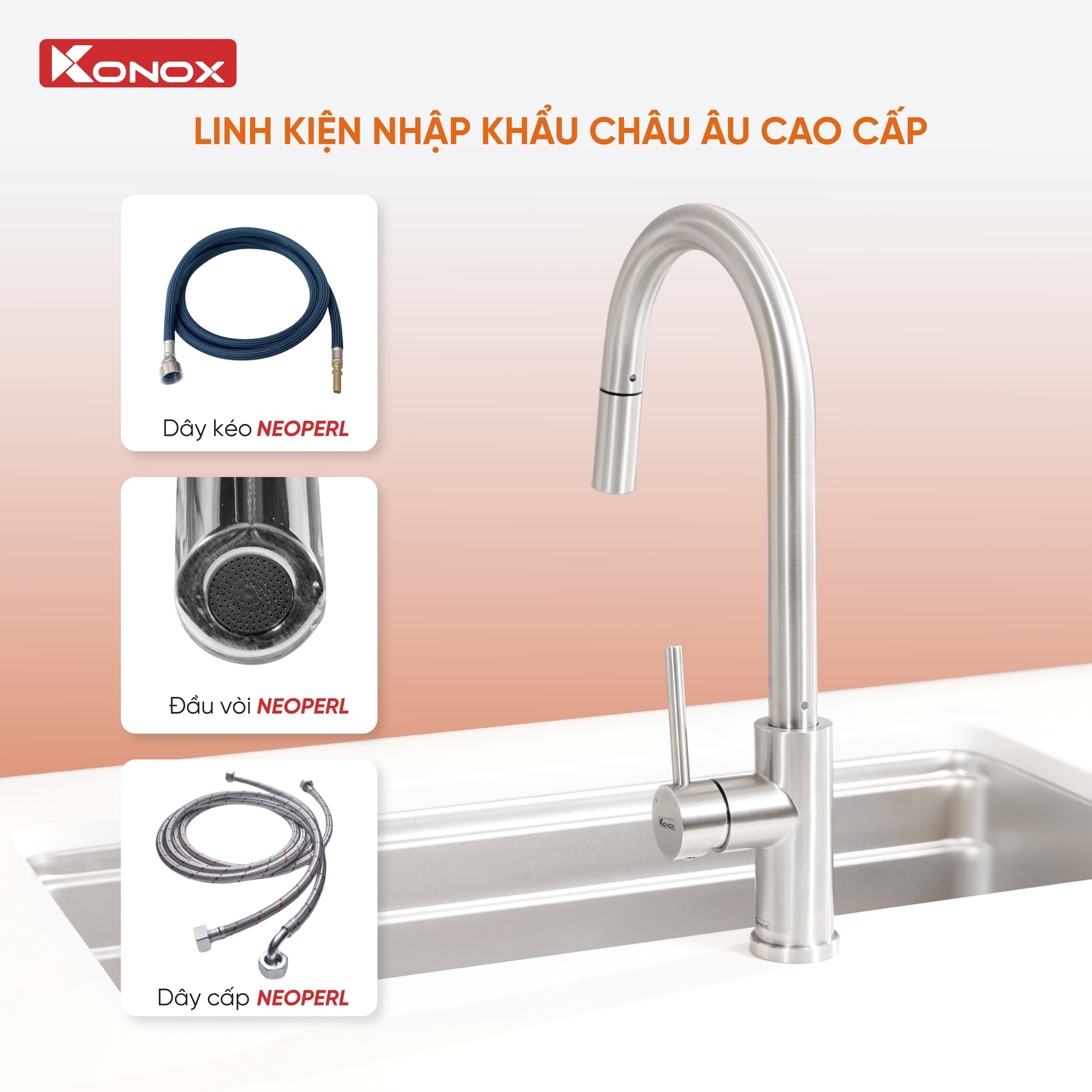 Vòi rửa bát dây rút Konox Reno Smart dòng chảy mới - Bảo hành 5 năm ...