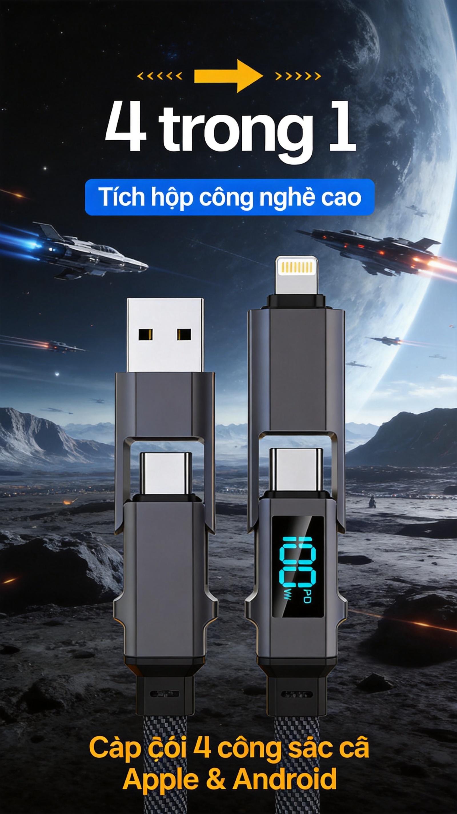 Cáp Sạc Nhanh ANRMESUN 100W 4 Trong 1 USB-A Type-C Hợp Kim Nhôm Cho iPhone Samsung Xiaomi OPPO Android – ảnh mô tả chi tiết 3