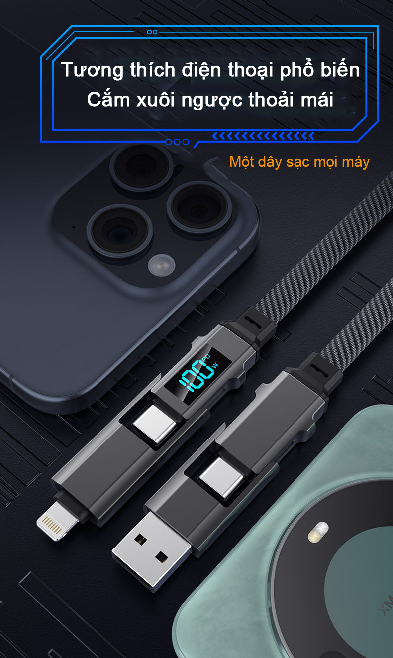 Cáp Sạc Nhanh ANRMESUN 100W 4 Trong 1 USB-A Type-C Hợp Kim Nhôm Cho iPhone Samsung Xiaomi OPPO Android – ảnh mô tả chi tiết 4