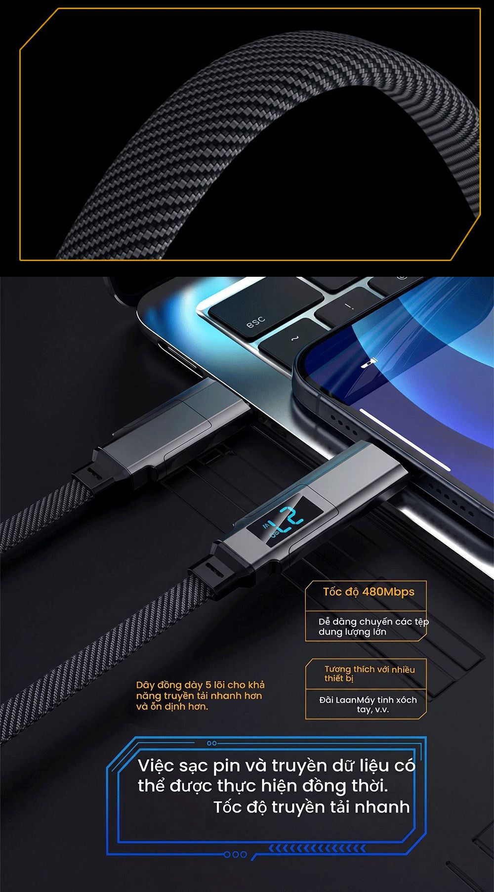 Cáp Sạc Nhanh ANRMESUN 100W 4 Trong 1 USB-A Type-C Hợp Kim Nhôm Cho iPhone Samsung Xiaomi OPPO Android – ảnh mô tả chi tiết 11