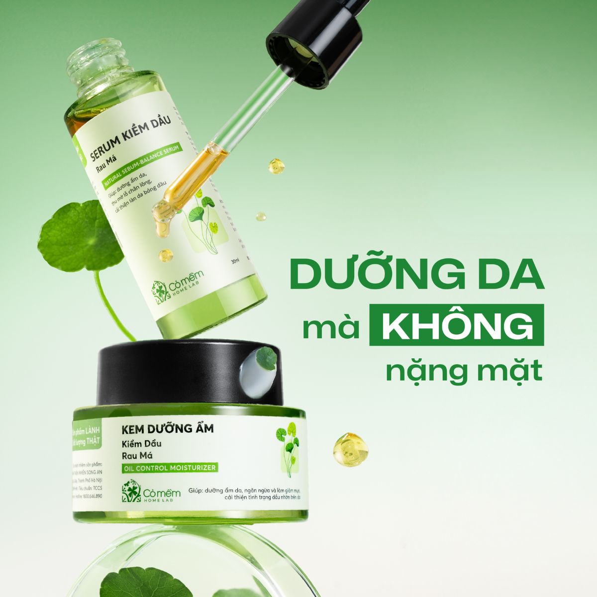 Combo Dưỡng Ẩm Kiềm Dầu Serum Kem Dưỡng Cho Da Dầu Rau Má Cỏ Mềm 80g