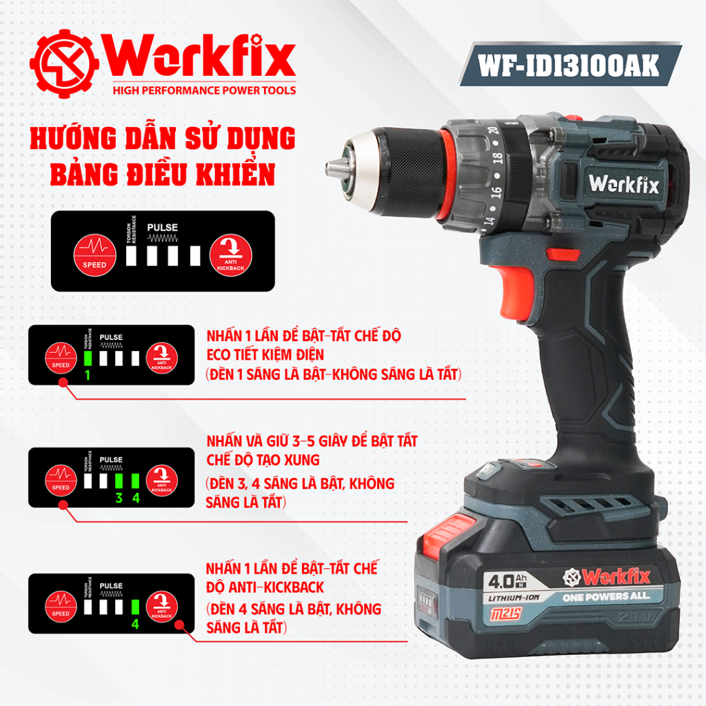 Máy khoan pin WORKFIX WF-ID13100AK Anti-kickback + Tạo xung, Lực siết ...