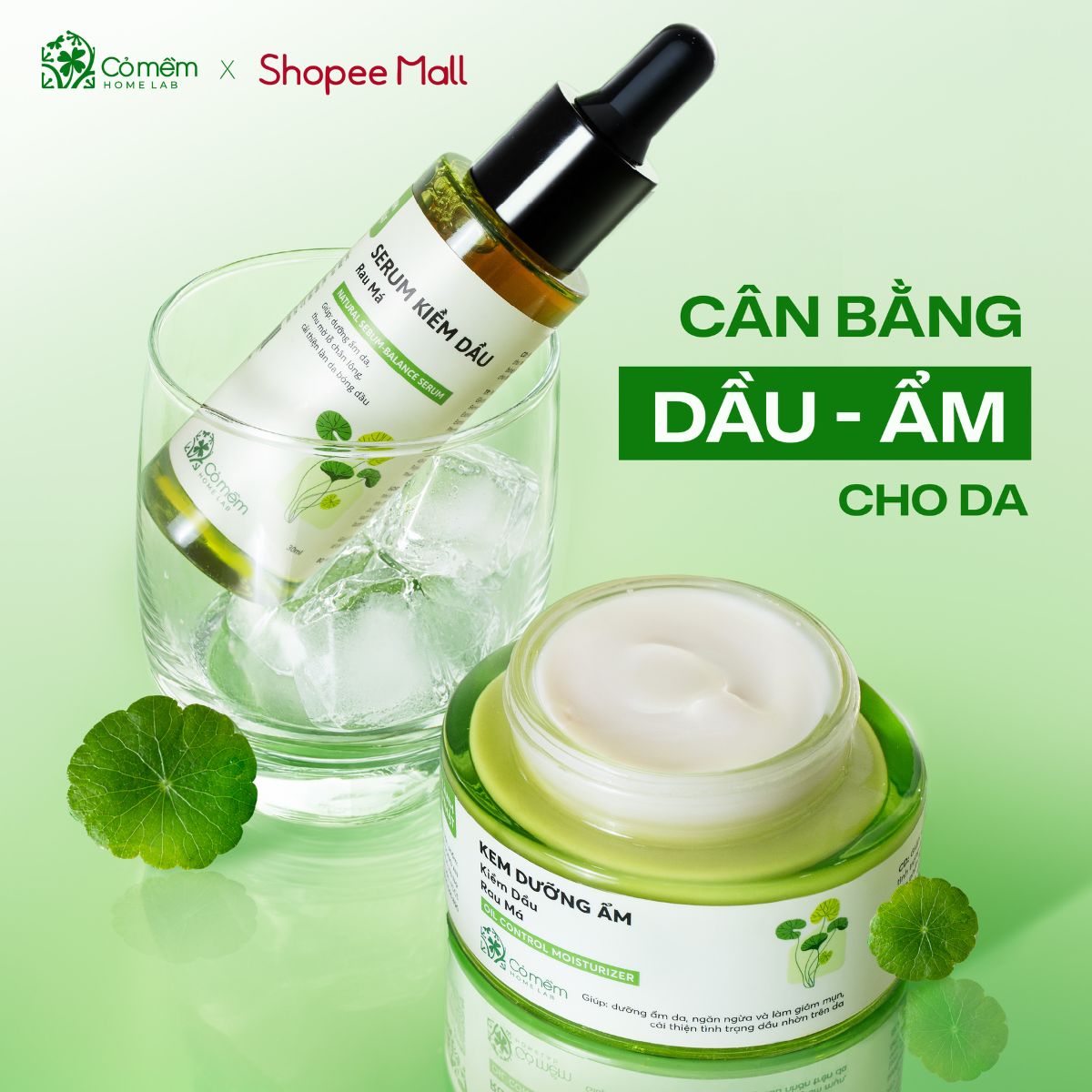 Combo Dưỡng Ẩm Kiềm Dầu Serum Kem Dưỡng Cho Da Dầu Rau Má Cỏ Mềm 80g