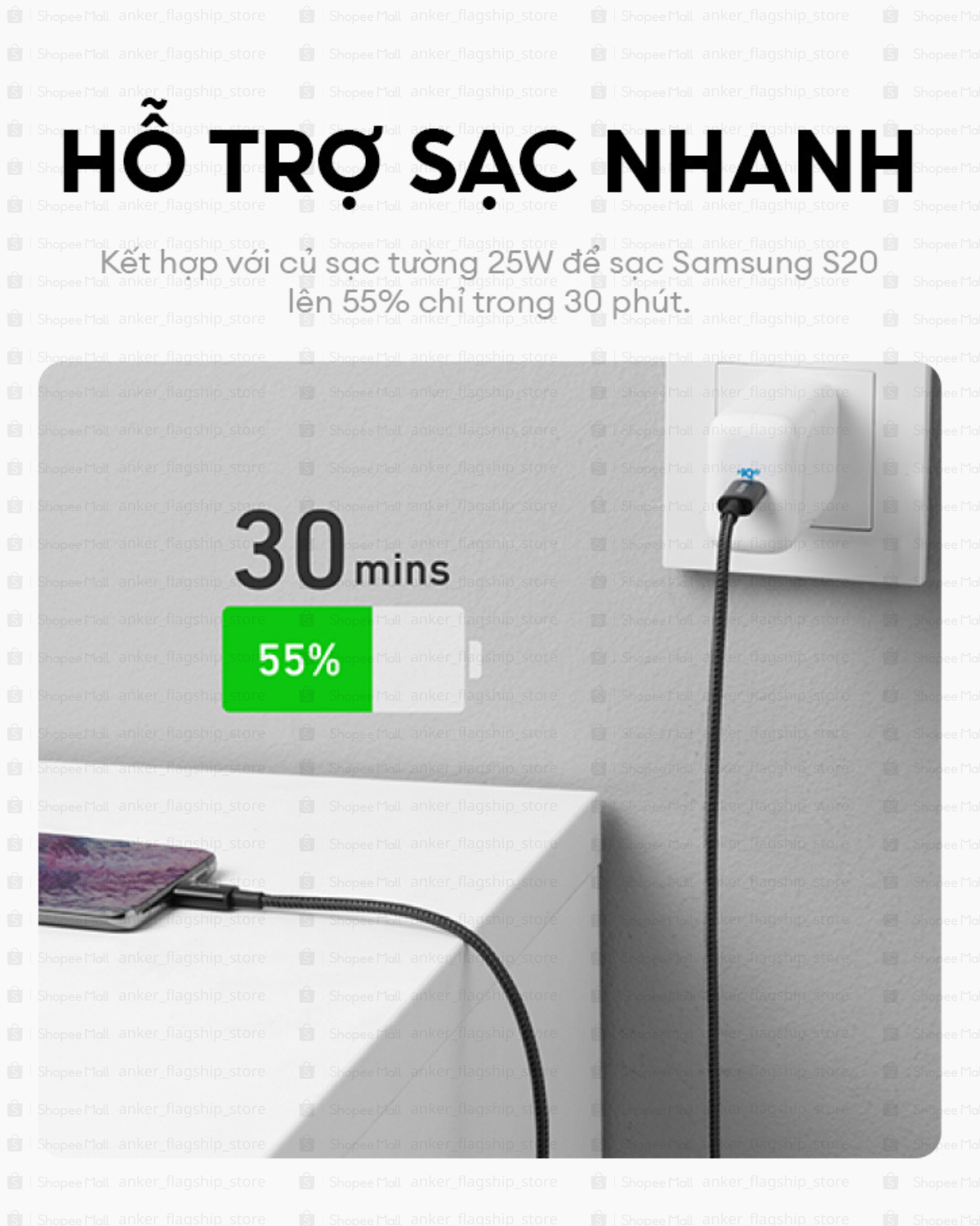 Cáp sạc nhanh Anker USB-C to USB-C 60W, Dây dù, Truyền dữ liệu 480Mbps, sạc iPhone, Samsung, iPad, MacBook - A8752/3 – ảnh mô tả chi tiết 3
