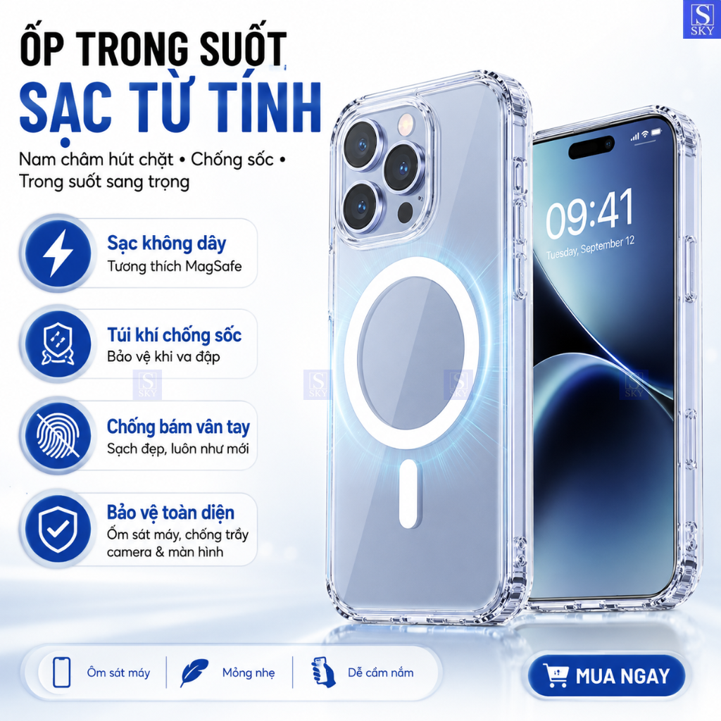 Ốp lưng iphone trong suốt chống sốc - Hỗ trợ sạc không dây cho 11 pro max 12 promax 13 14 15 Plus 16 17 ProMax 18 17 Air – ảnh mô tả chi tiết 1