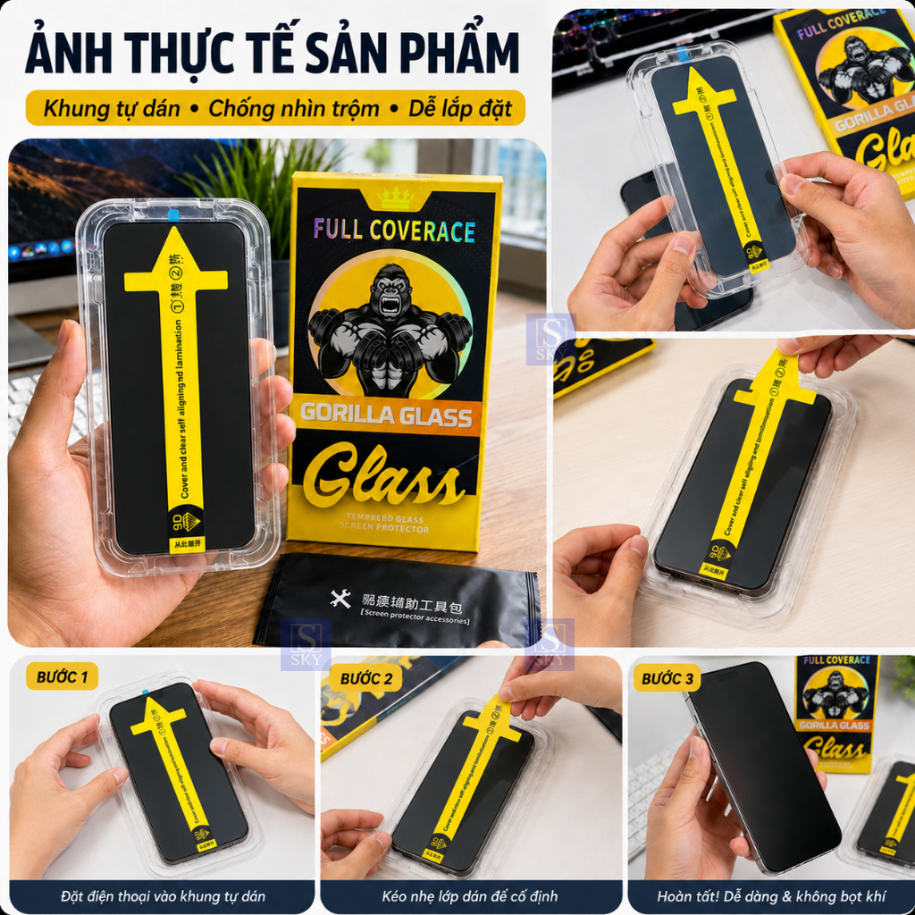 Cường lực chống nhìn trộm có khung tự dán cho iphone 11 pro max 12 pro max 13 promax x xr xs max 7 8 plus 14 15 16 17 – ảnh mô tả chi tiết 5