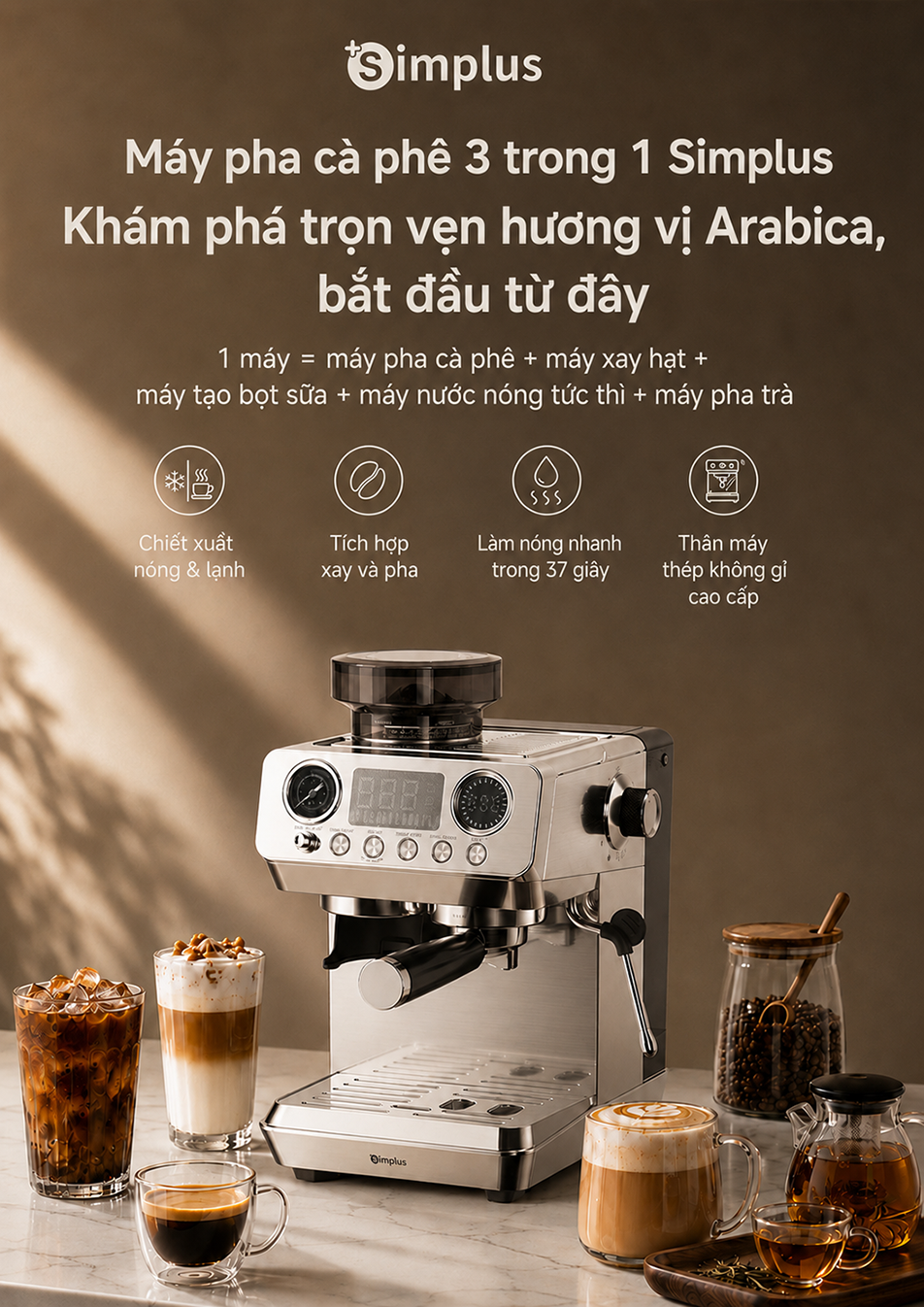 Simplus Máy pha cà phê espresso bán tự động tích hợp xay–chiết xuất–tạo ...