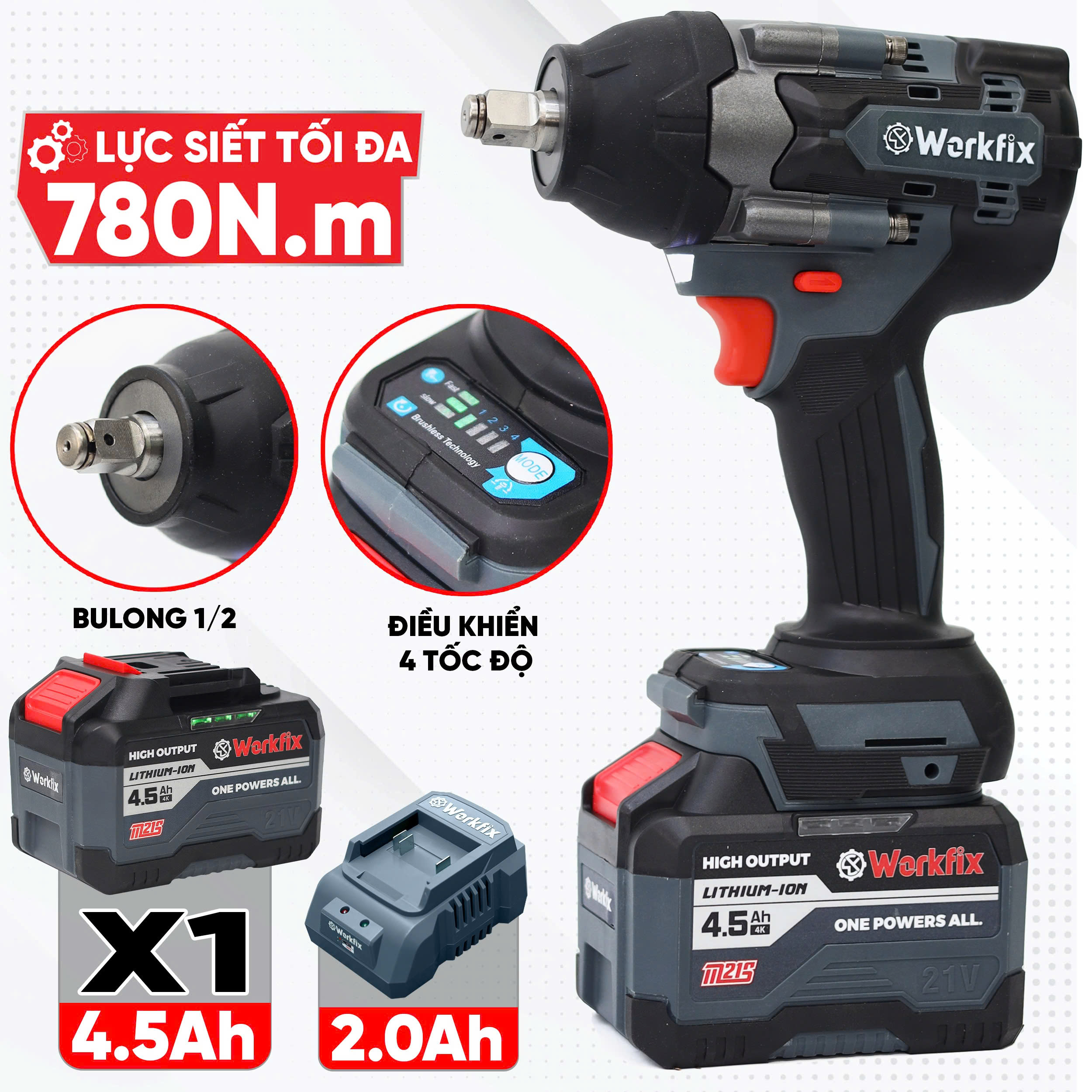Máy Siết bulong WORKFIX WF-IW780NV, Lực búa 780Nm - Máy bắn ốc chân pin ...