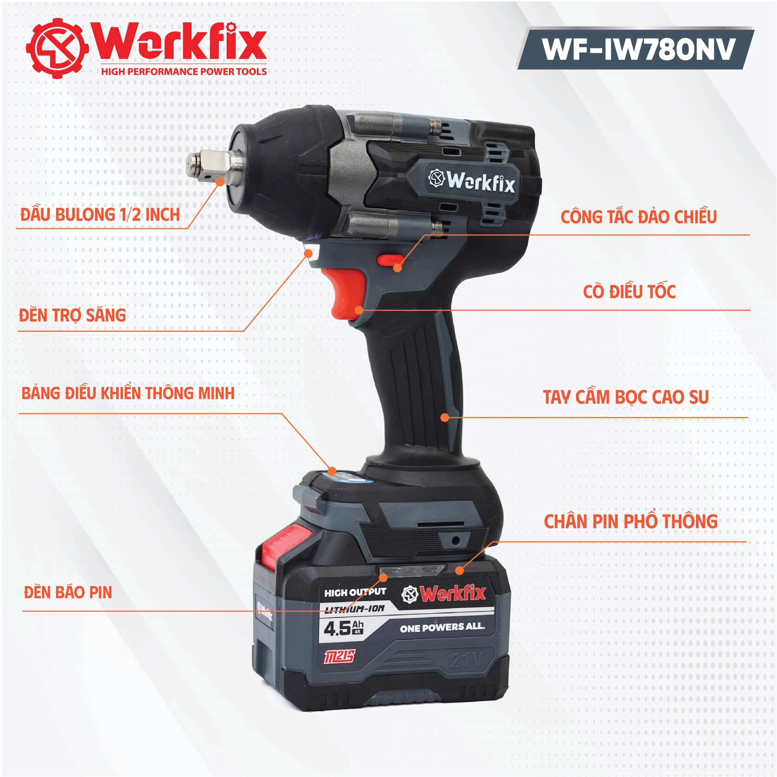 Máy Siết bulong WORKFIX WF-IW780NV, Lực búa 780Nm - Máy bắn ốc chân pin ...