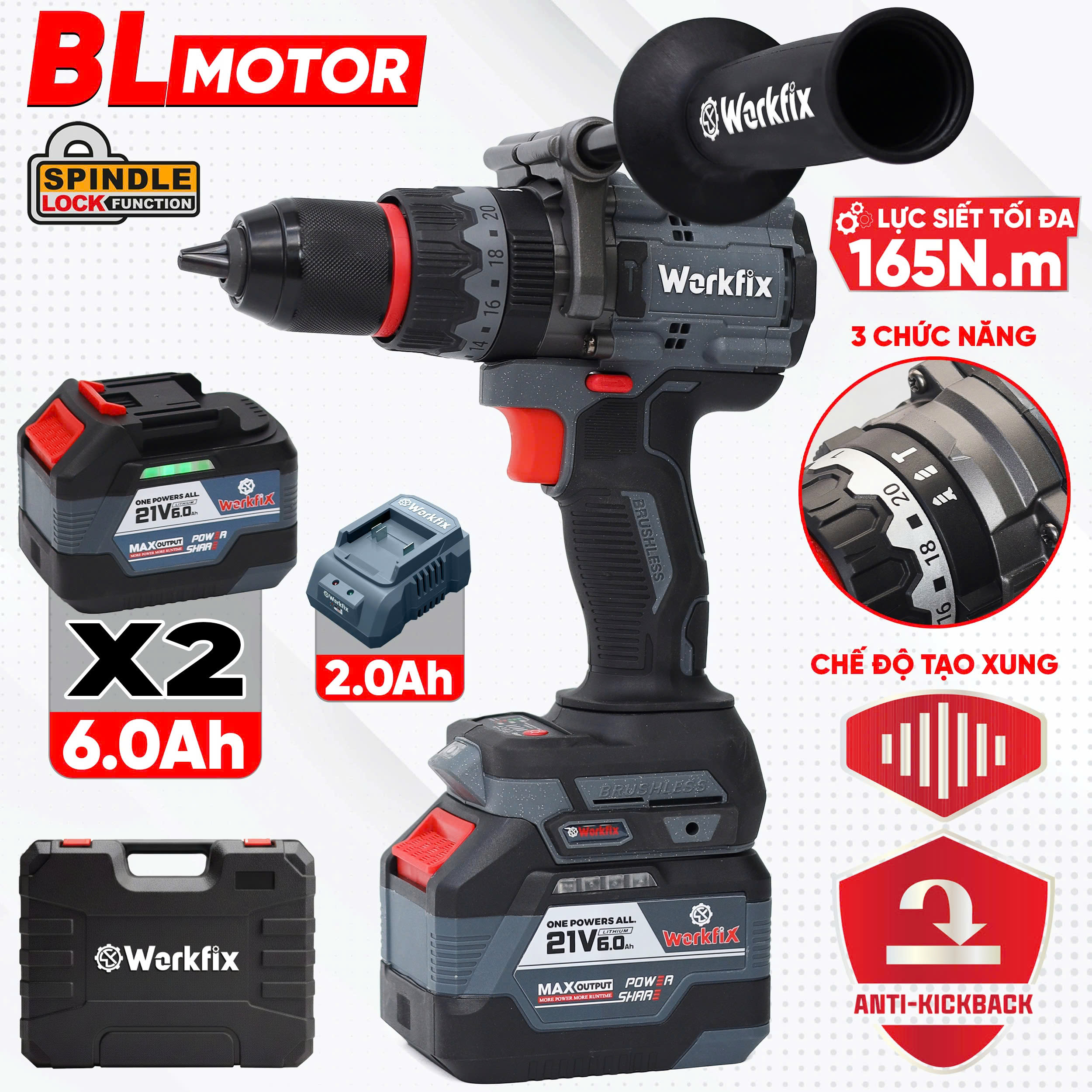 [AVS] Máy Khoan Không Dây Workfix WF-ID165PLUS, Lực Siết 165Nm, Có tạo ...