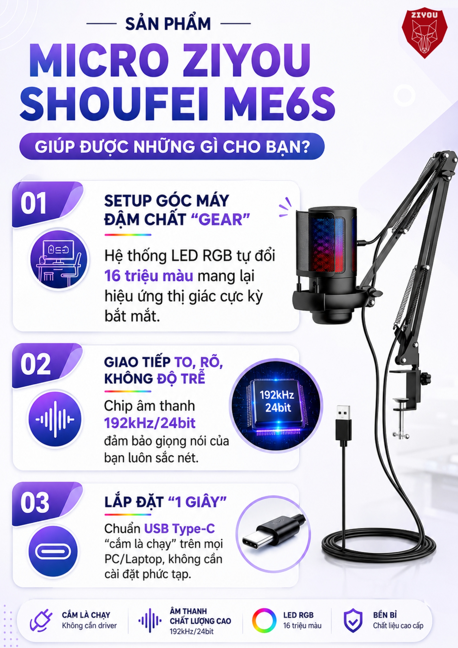 Micro Livestream Thu Âm Chuyên Nghiệp Ziyou ShouFei ME6S LED RGB, Màng ...