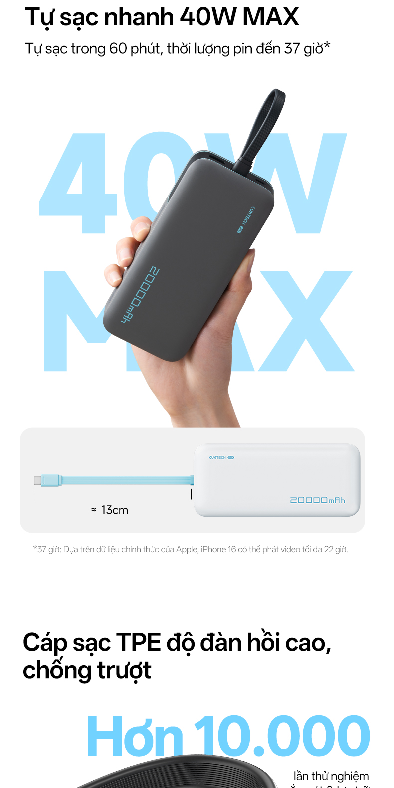 【Được chứng nhận CCC】CUKTECH Pin Dự Phòng 20000mAh Sạc Nhanh 40W – Tích Hợp Dây, Hỗ Trợ iP 38W / Xiaomi 33W —— CP24 Powe – ảnh mô tả chi tiết 6