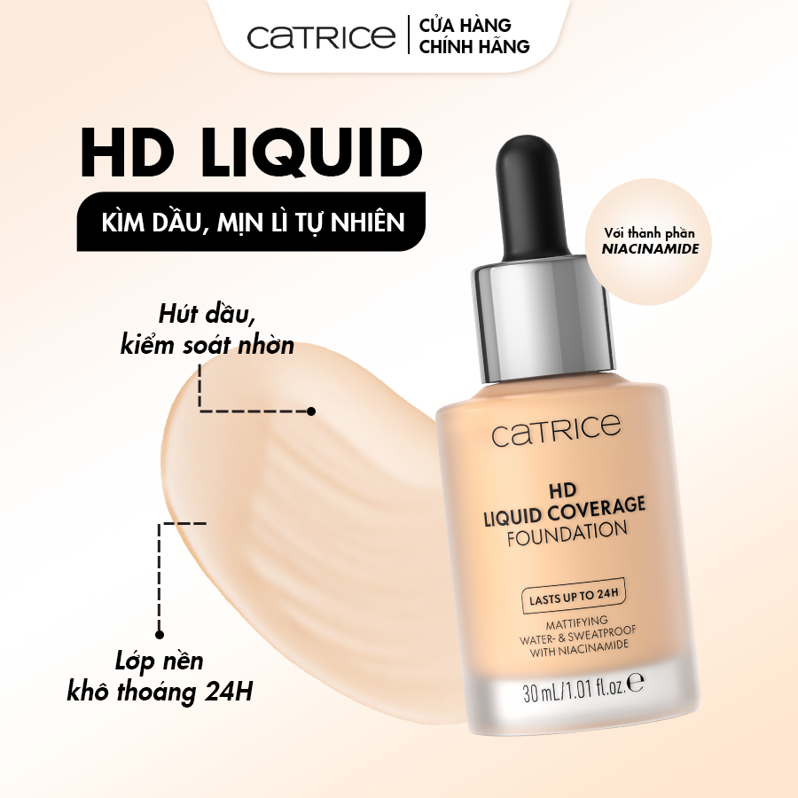 Kem nền Catrice HD Liquid Coverage Foundation kiềm dầu, che phủ tự nhiên tạo độ mịn màng cho da 30ml