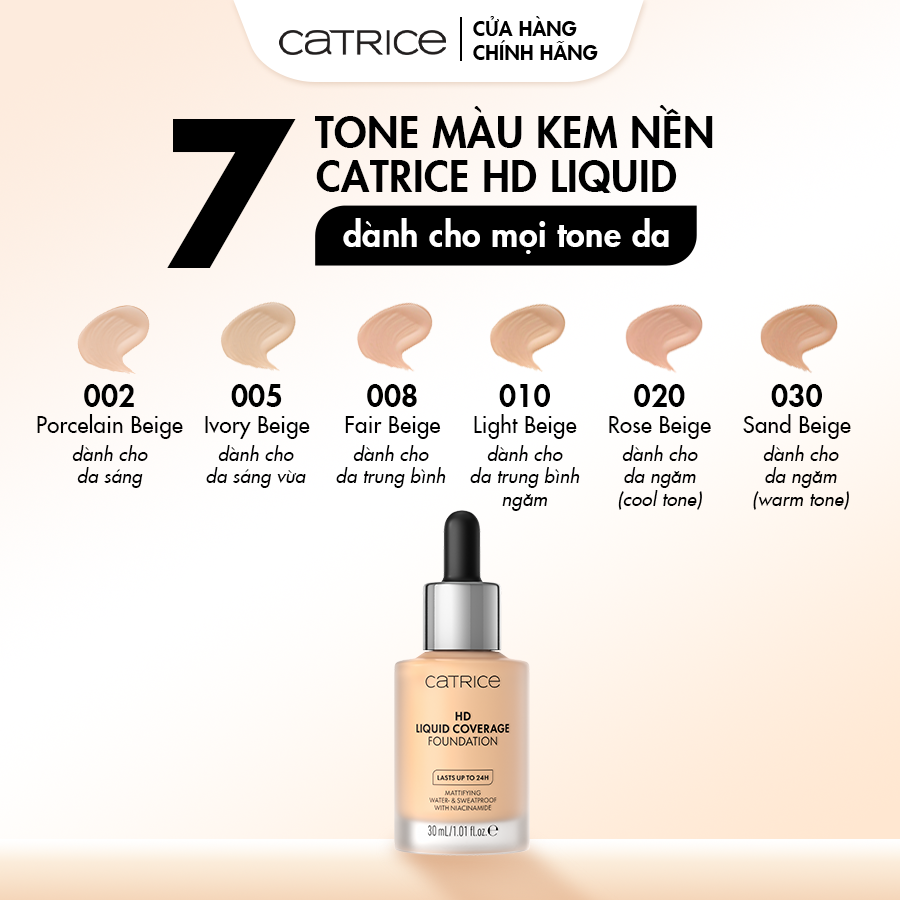 Kem nền Catrice HD Liquid Coverage Foundation kiềm dầu, che phủ tự nhiên tạo độ mịn màng cho da 30ml