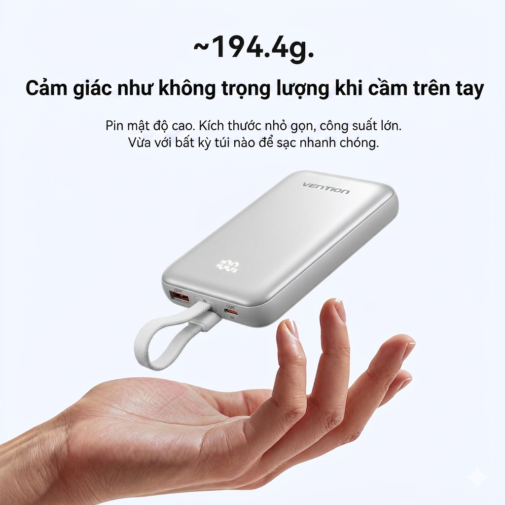 [ Hàng mới chuẩn CCC] Pin Sạc Dự Phòng Vention 10000mAh Sạc Nhanh 22.5W Tích Hợp Cáp USB-C, Sạc Không Dây 15W Cho Phone – ảnh mô tả chi tiết 3