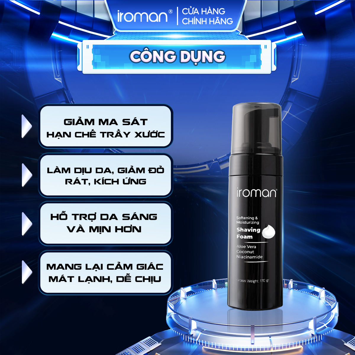 Bọt Cạo Râu IROMAN Cao Cấp Cho Nam Chiết Xuất Thiên Nhiên Giúp Mềm Râu Nhanh, Dưỡng Ẩm Da, Hỗ Trợ Giảm Kích Ứng - 170G