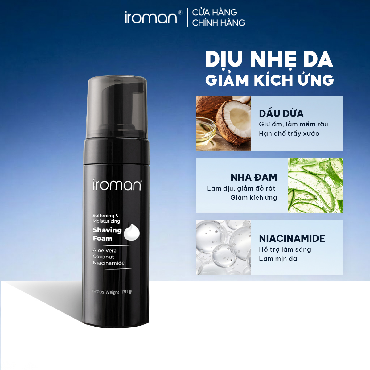 Bọt Cạo Râu IROMAN Cao Cấp Cho Nam Chiết Xuất Thiên Nhiên Giúp Mềm Râu Nhanh, Dưỡng Ẩm Da, Hỗ Trợ Giảm Kích Ứng - 170G