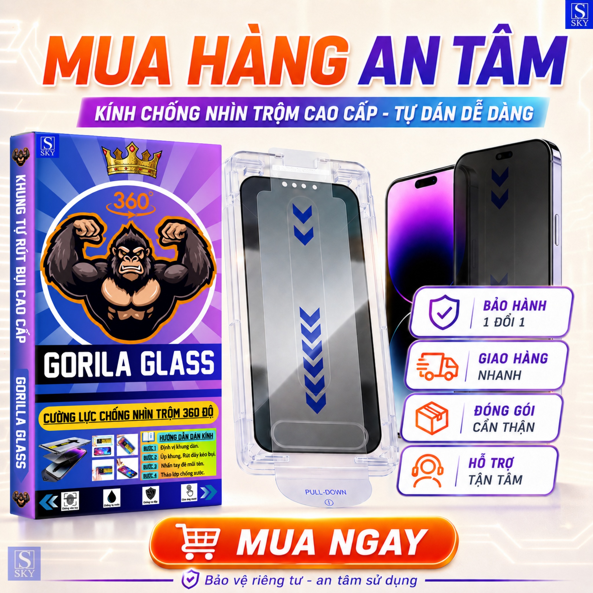 Kính Cường Lực iphone Chống Nhìn Trộm 360 Độ Tự dán rút bụi GORILA GLASS cho ip 17 18 ProMax 16 15 14 13 12 11 X Xs – ảnh mô tả chi tiết 8