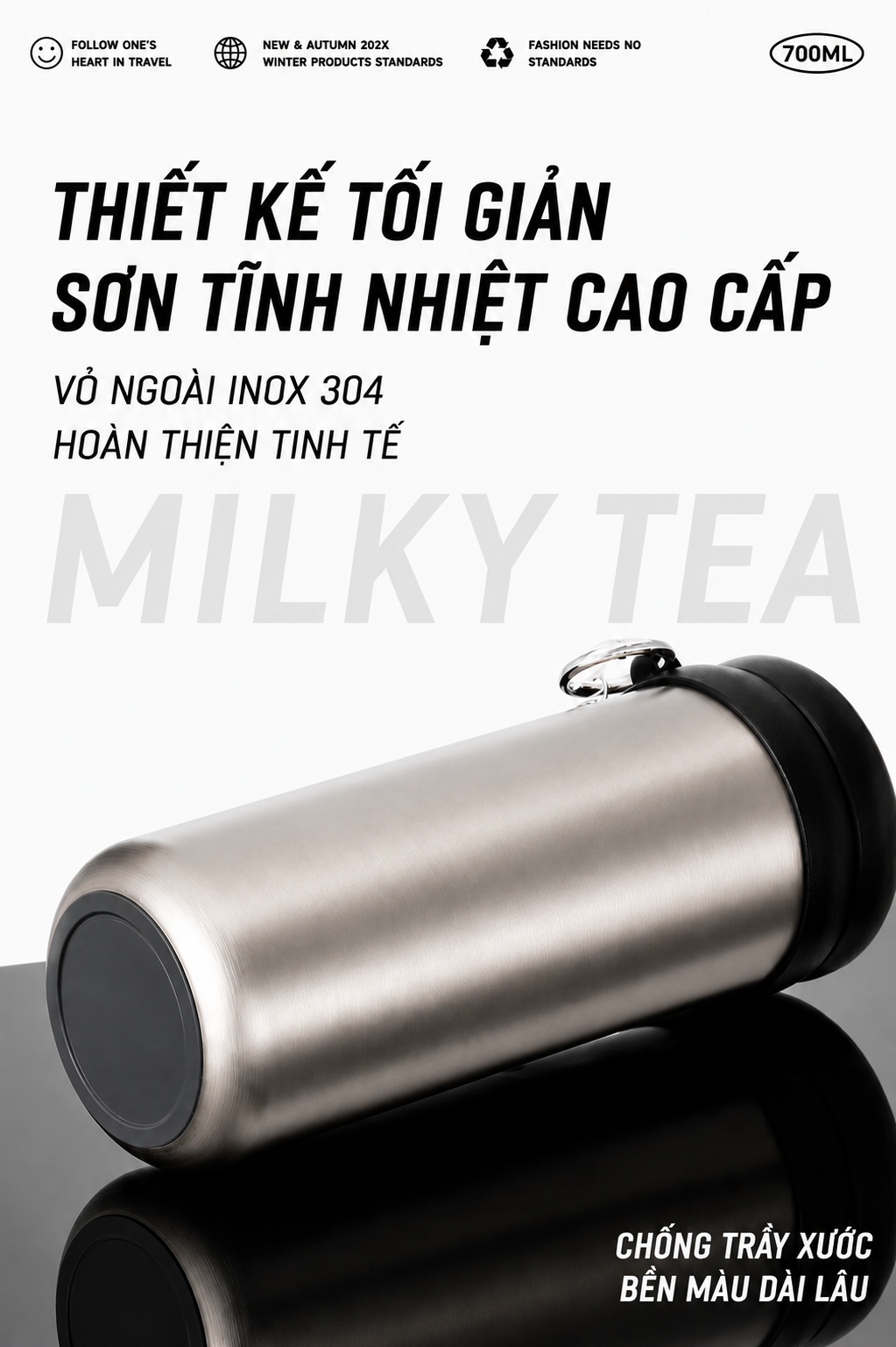Bình giữ nhiệt Milky Tea Inox 316L phủ sứ 700ml, Ly nước giữ nhiệt Fan ...