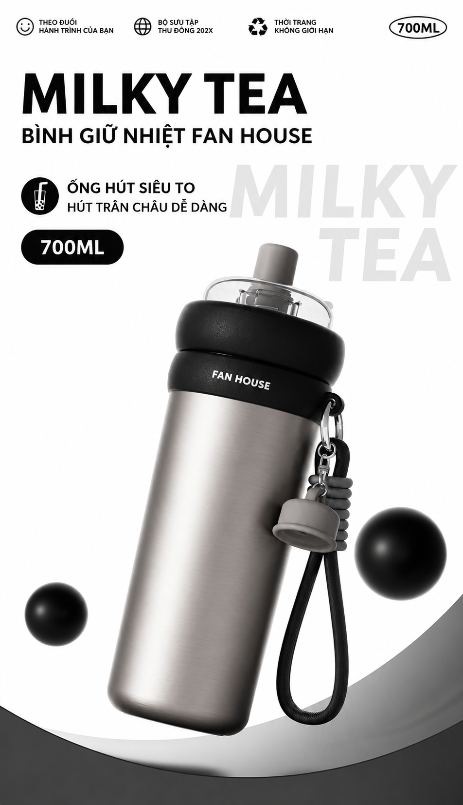 Bình giữ nhiệt Milky Tea Inox 316L phủ sứ 700ml, Ly nước giữ nhiệt Fan ...