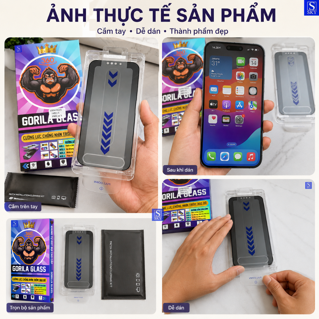 Kính Cường Lực GORILA Glass Chống Nhìn Trộm 360 Độ Có Khung Tự Dán Rút Bụi Cho iPhone 11-17 Pro Max 18 ProMax X XR XS – ảnh mô tả chi tiết 5