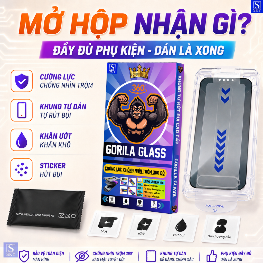 Kính Cường Lực GORILA Glass Chống Nhìn Trộm 360 Độ Có Khung Tự Dán Rút Bụi Cho iPhone 11-17 Pro Max 18 ProMax X XR XS – ảnh mô tả chi tiết 9