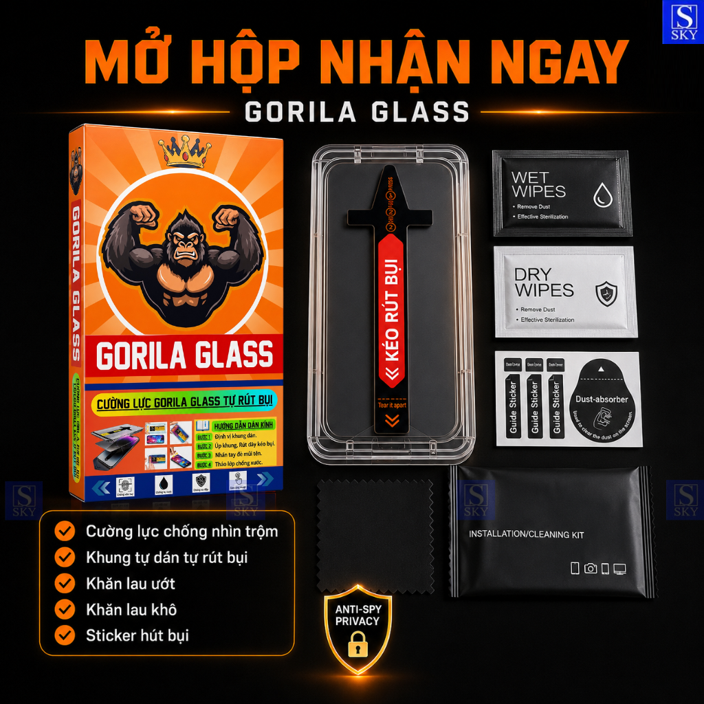 Kính Cường Lực Iphone GORILA Tự Dán Chống Nhìn Trộm FULL HỘP Cho ip 17 ProMax 16 ProMax 18 15 14 13 12 11 Pro Max Xs Xr – ảnh mô tả chi tiết 7