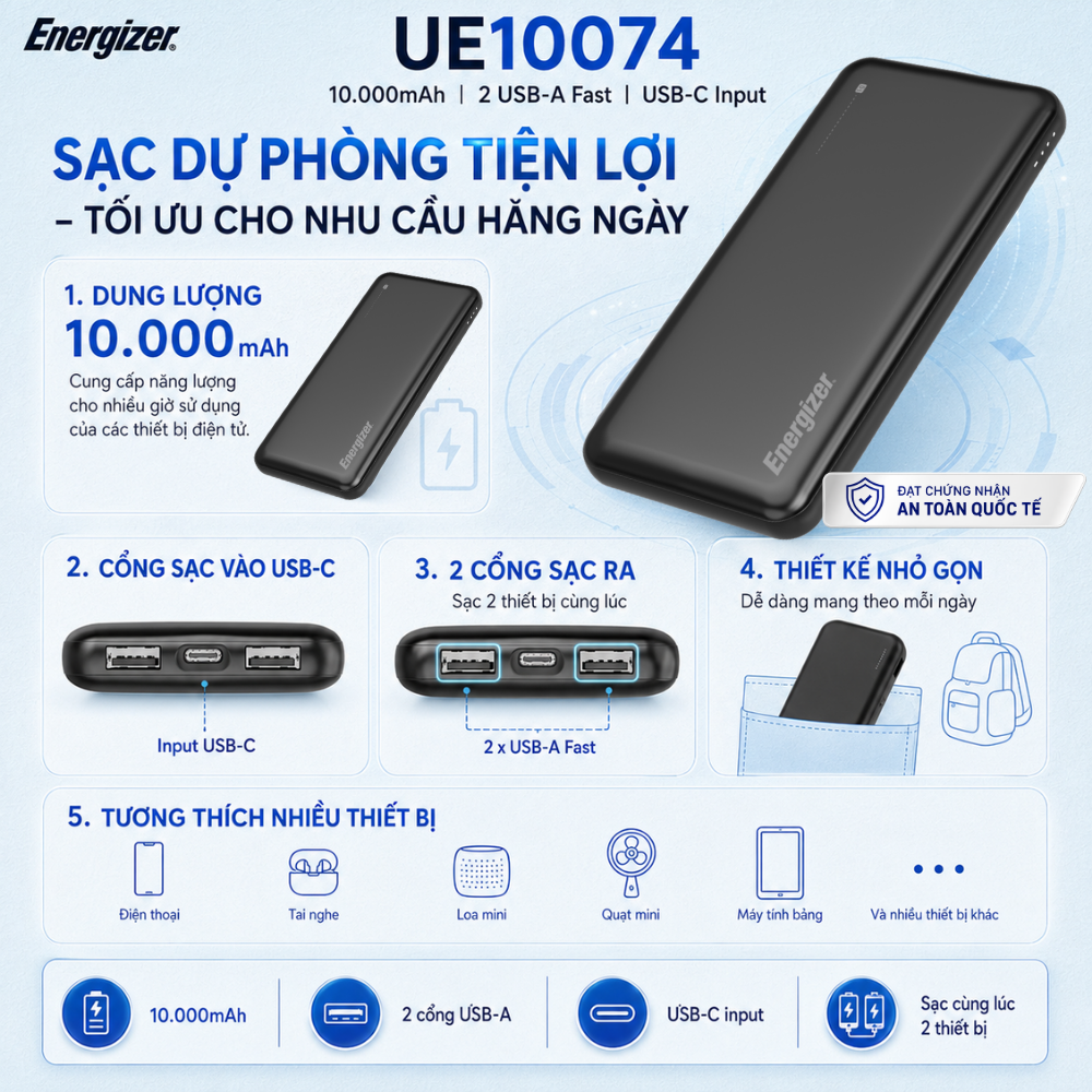 Pin dự phòng Energizer Li-polymer 10.000mAh Max 22.5W, Sạc nhanh PD cho iP/ Samsung, Bảo Hành 1 Năm – ảnh mô tả chi tiết 5