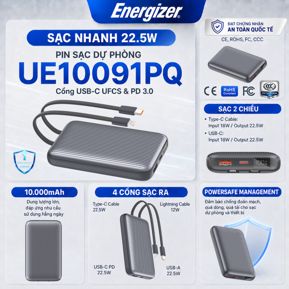 Pin dự phòng Energizer Li-polymer 10.000mAh Max 22.5W, Sạc nhanh PD cho iP/ Samsung, Bảo Hành 1 Năm – ảnh mô tả chi tiết 9