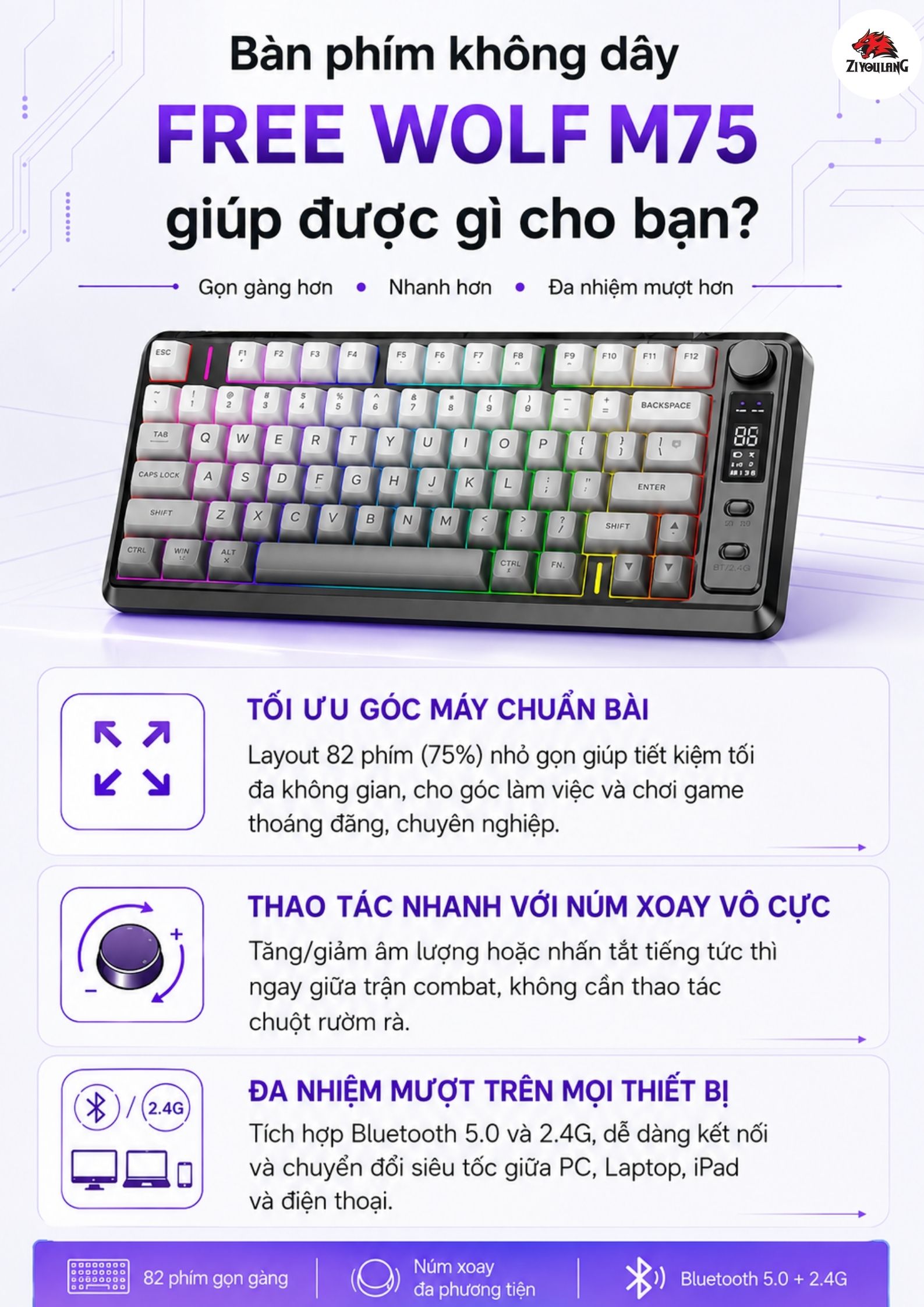 Bàn Phím Không Dây Free Wolf M75 - Layout 81 Phím, Pin 15 Ngày, Full ...