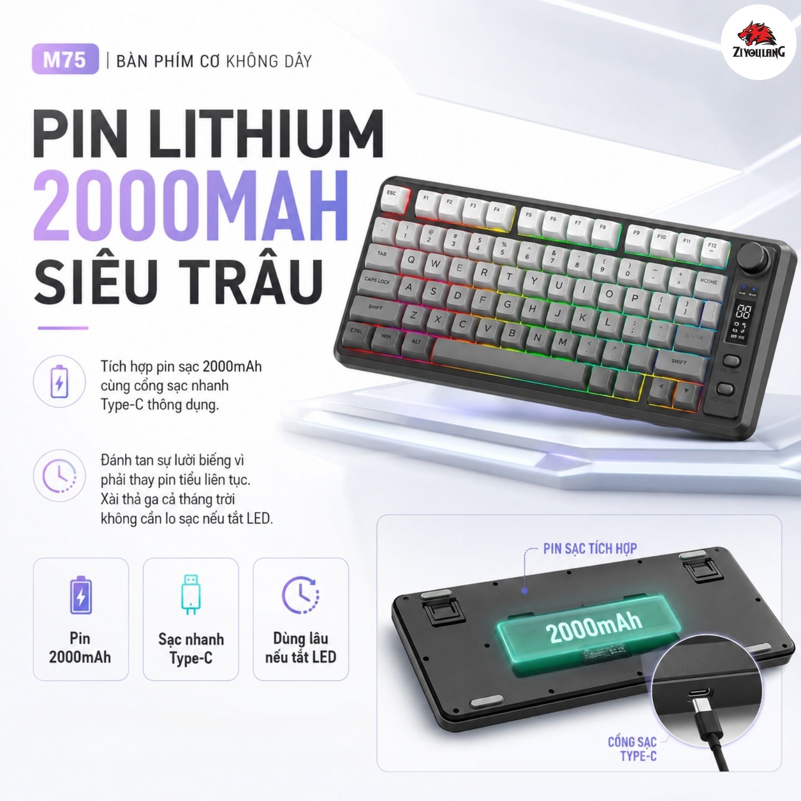 Bàn Phím Không Dây Free Wolf M75 - Layout 81 Phím, Pin 15 Ngày, Full ...