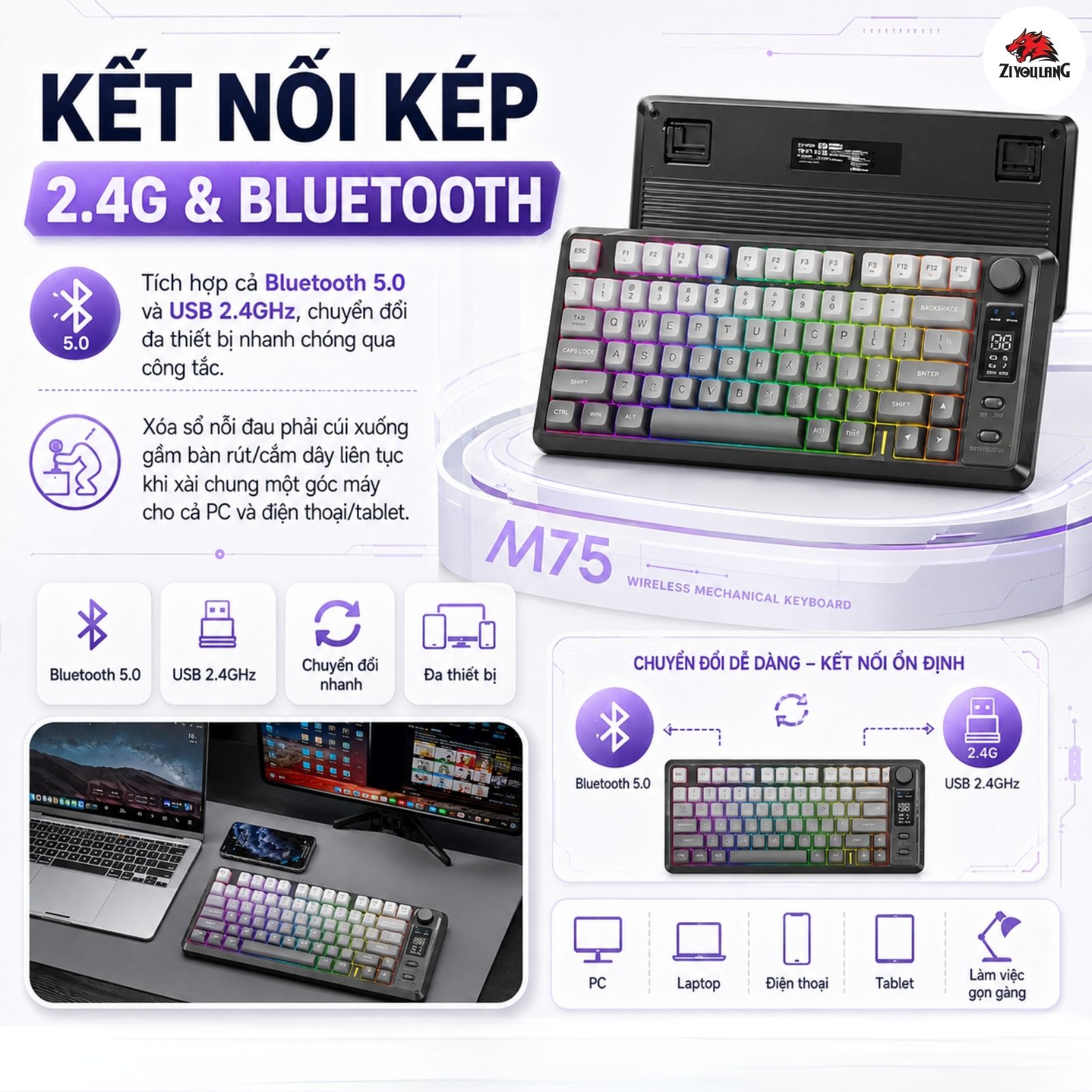 Bàn Phím Không Dây Free Wolf M75 - Layout 81 Phím, Pin 15 Ngày, Full ...
