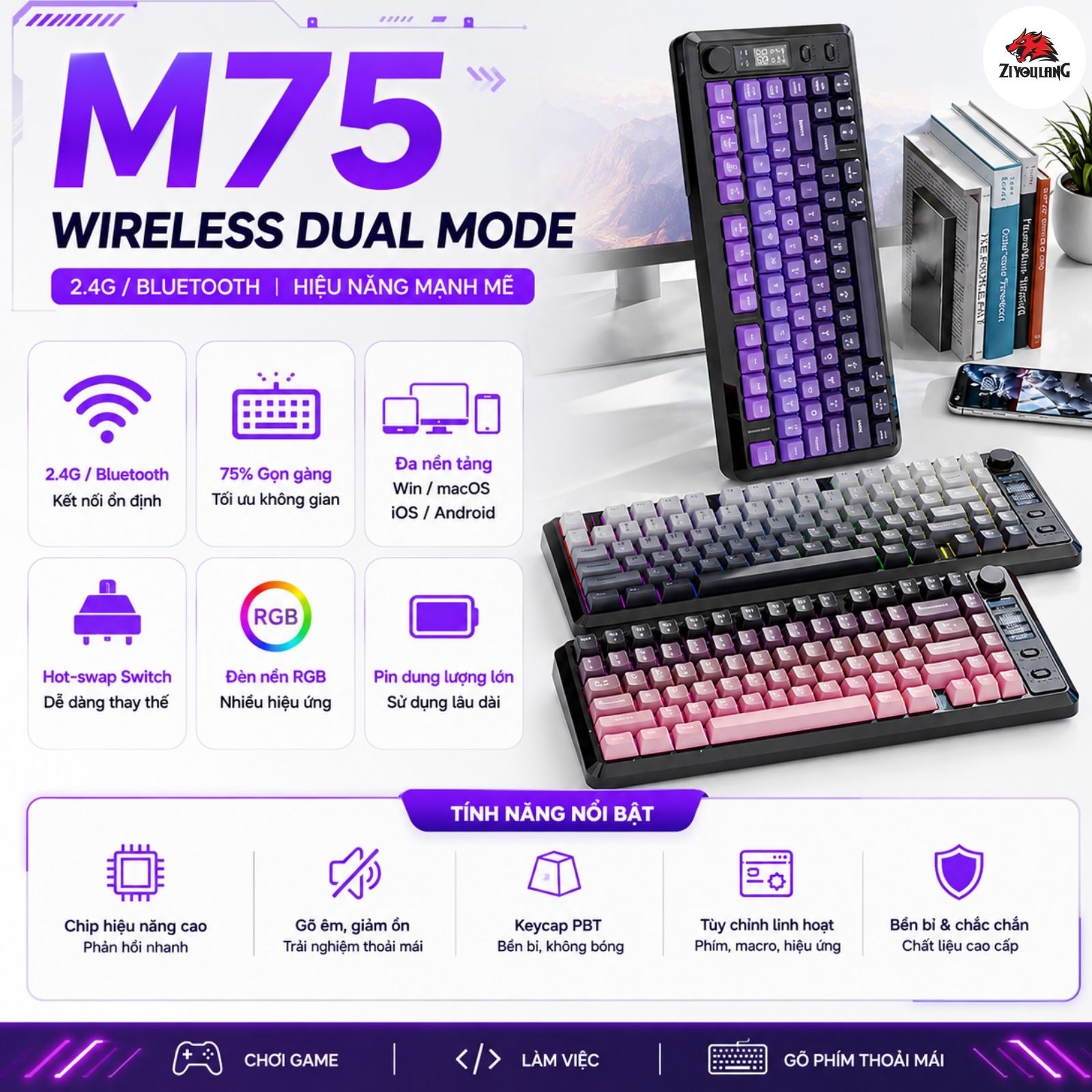Bàn Phím Không Dây Free Wolf M75 - Layout 81 Phím, Pin 15 Ngày, Full ...