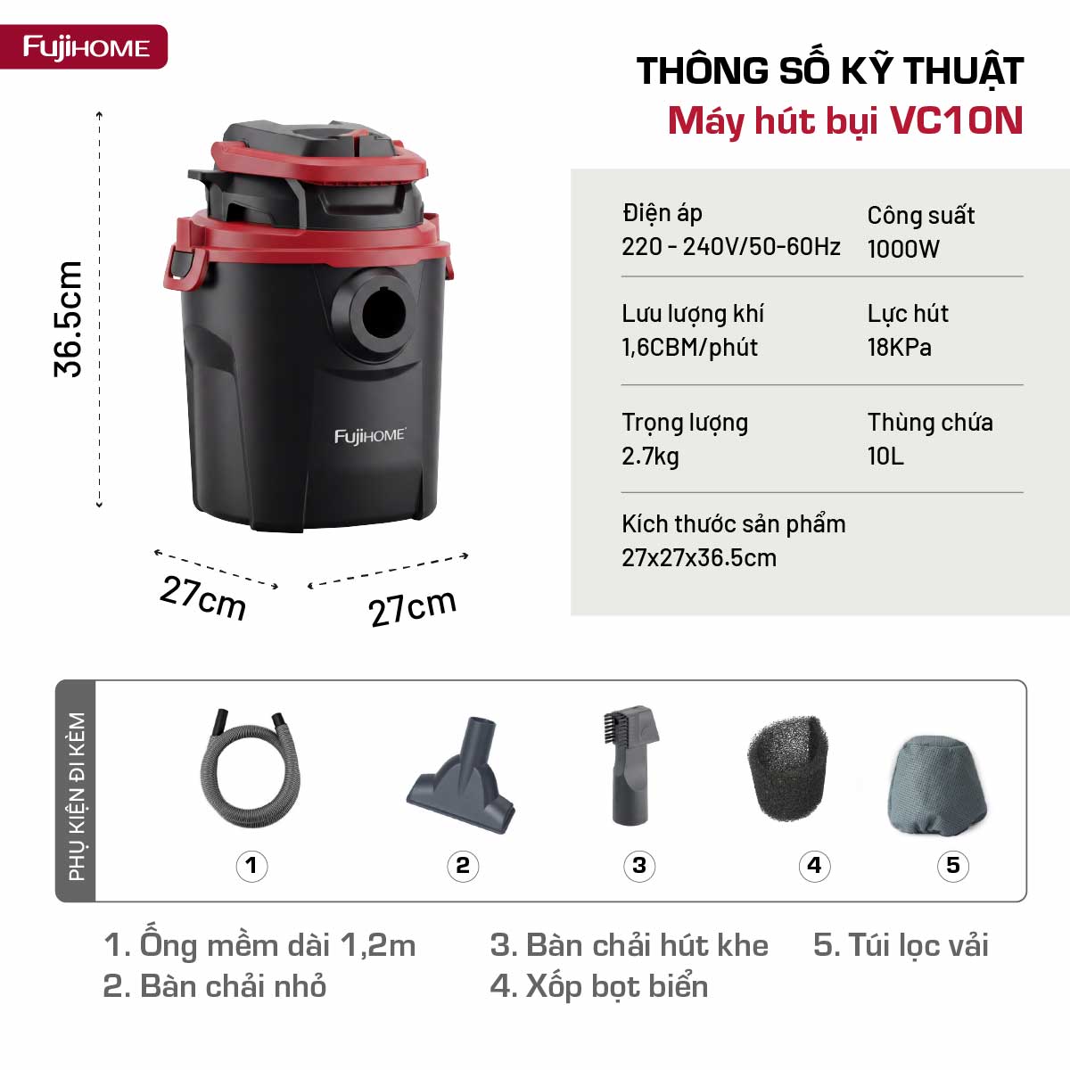 Thùng chứa bụi dung tích 10L làm từ chất liệu nhựa PP bền bỉ
