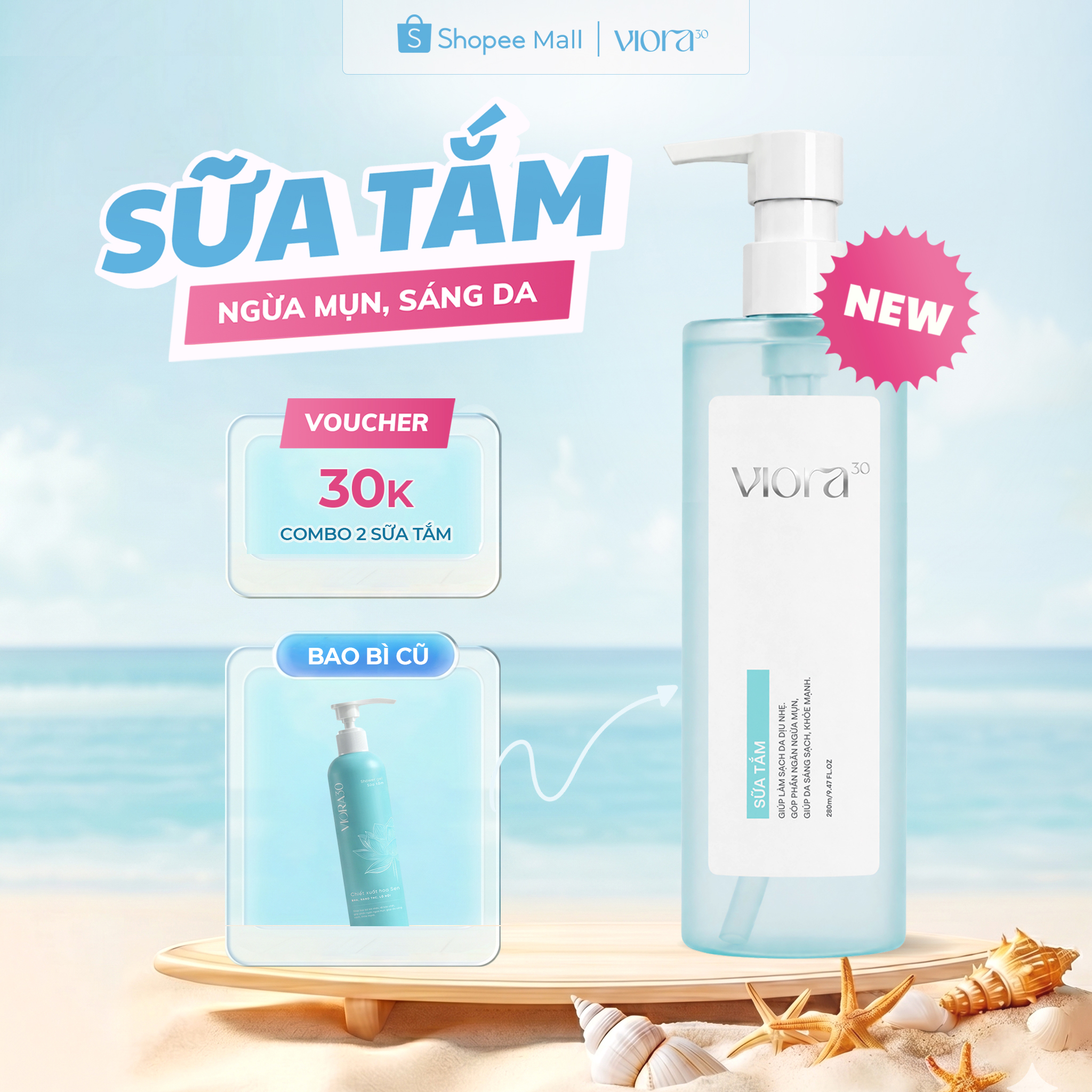 Sữa Tắm Giảm Mụn Lưng Viora 30 - Chiết Xuất Cánh Hoa Sen - Làm sạch sâu, dịu nhẹ, sáng da - 280ml