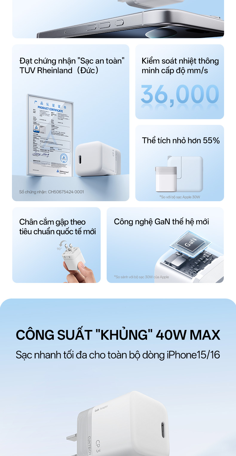 Củ Sạc Nhanh CUKTECH GaN 40W Siêu Nhỏ Gọn Chân Gập Không Nóng Máy Cho iP 18/17/16/iPad Air/Samsung S26 – ảnh mô tả chi tiết 2