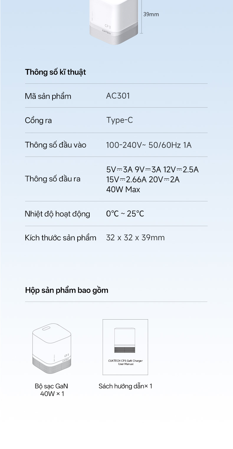 Củ Sạc Nhanh CUKTECH GaN 40W Siêu Nhỏ Gọn Chân Gập Không Nóng Máy Cho iP 18/17/16/iPad Air/Samsung S26 – ảnh mô tả chi tiết 10
