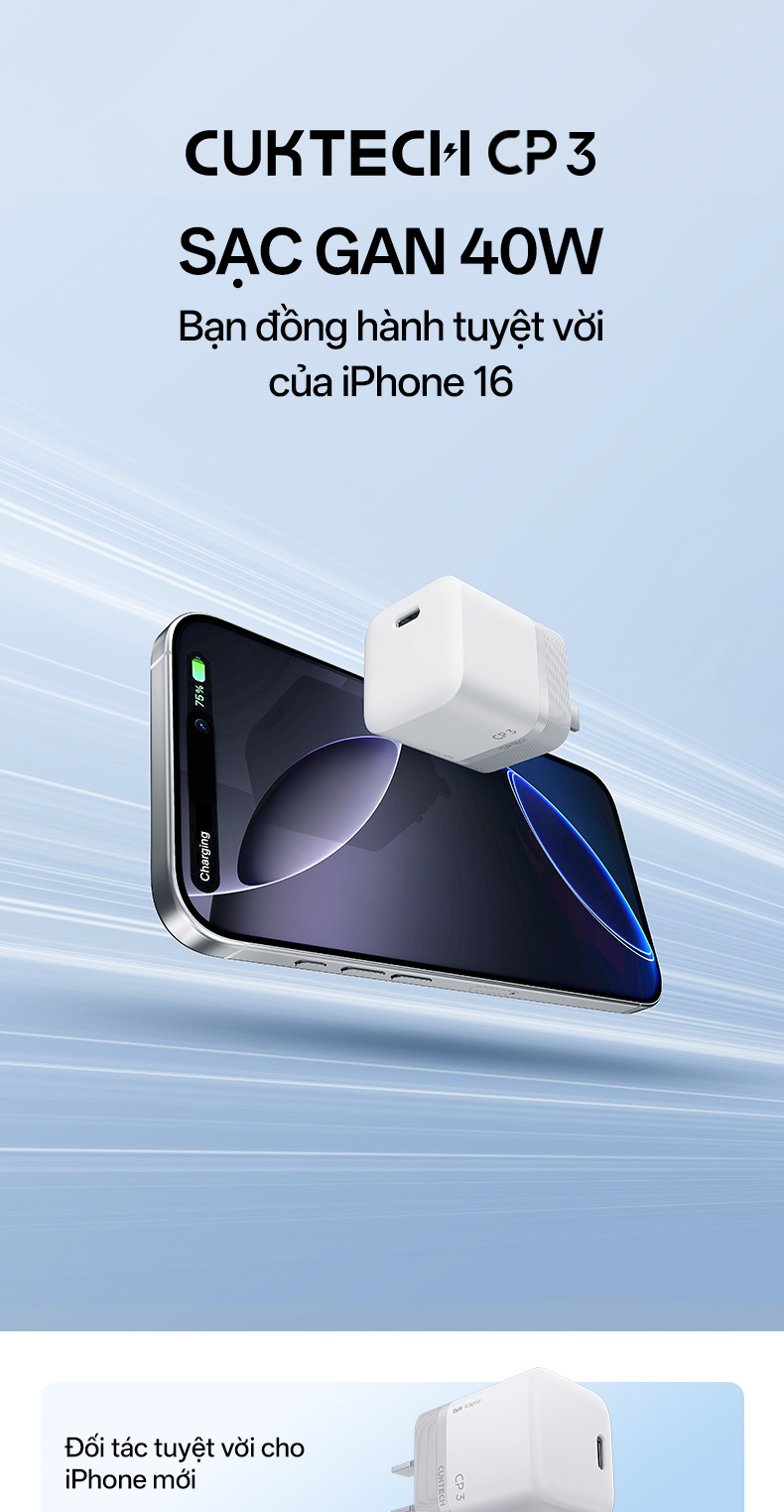 Củ Sạc Nhanh CUKTECH GaN 40W Siêu Nhỏ Gọn Chân Gập Không Nóng Máy Cho iP 18/17/16/iPad Air/Samsung S26 – ảnh mô tả chi tiết 1