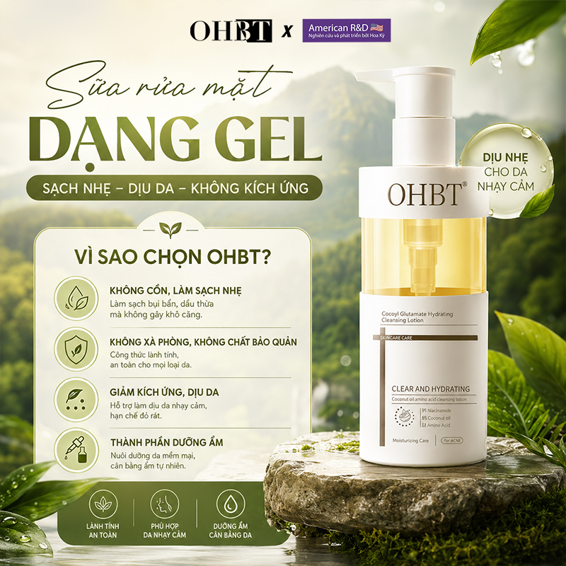 Sữa Rửa Mặt Dưỡng Ẩm Tinh Dầu Dừa OHBT Cococyl Glutamate Hydrating Cleaning Lotion 300ML
