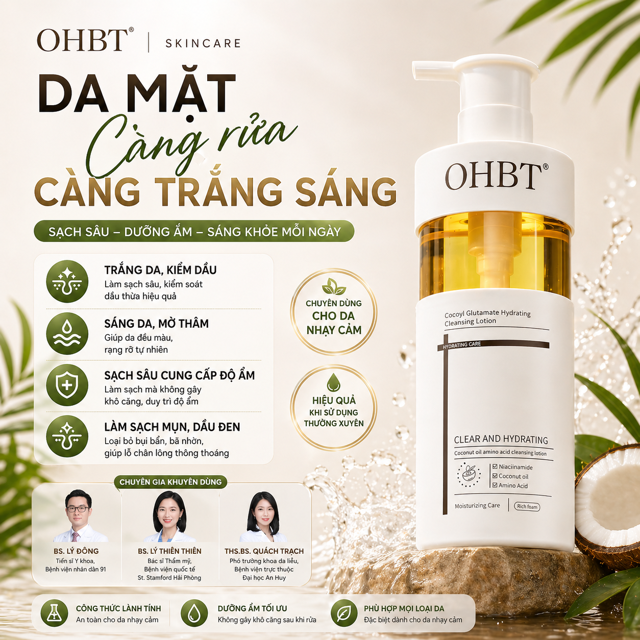 Sữa Rửa Mặt Dưỡng Ẩm Tinh Dầu Dừa OHBT Cococyl Glutamate Hydrating Cleaning Lotion 300ML