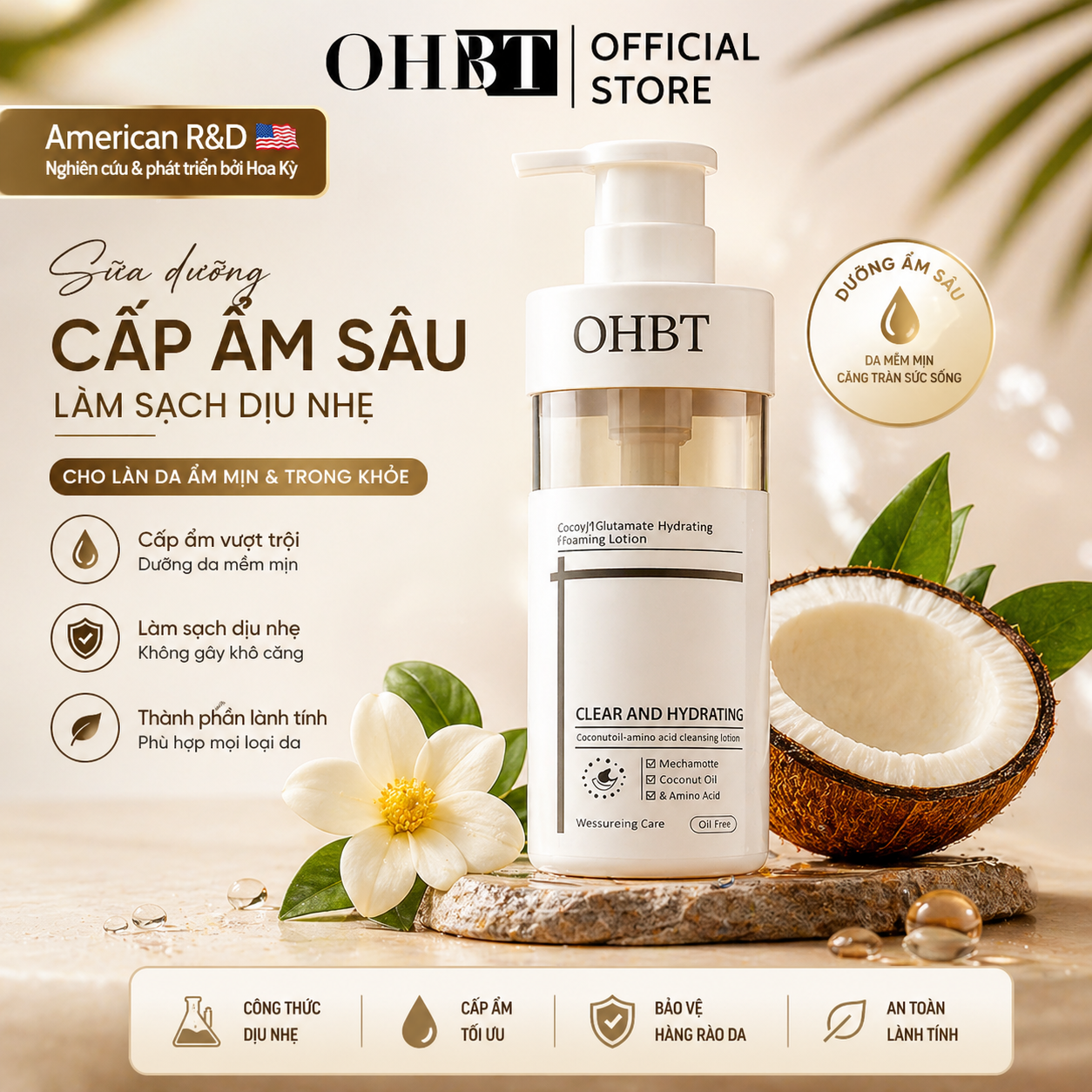 Sữa Rửa Mặt Dưỡng Ẩm Tinh Dầu Dừa OHBT Cococyl Glutamate Hydrating Cleaning Lotion 300ML