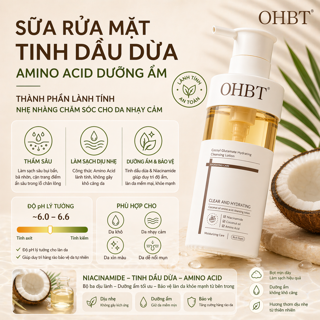 Sữa Rửa Mặt Dưỡng Ẩm Tinh Dầu Dừa OHBT Cococyl Glutamate Hydrating Cleaning Lotion 300ML