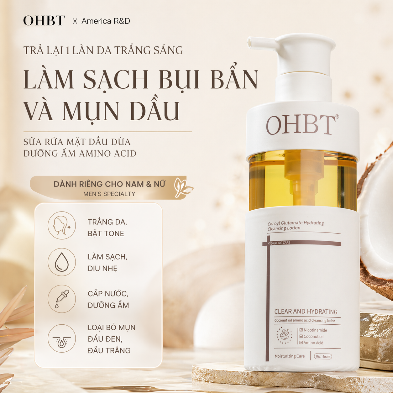 Sữa Rửa Mặt Dưỡng Ẩm Tinh Dầu Dừa OHBT Cococyl Glutamate Hydrating Cleaning Lotion 300ML