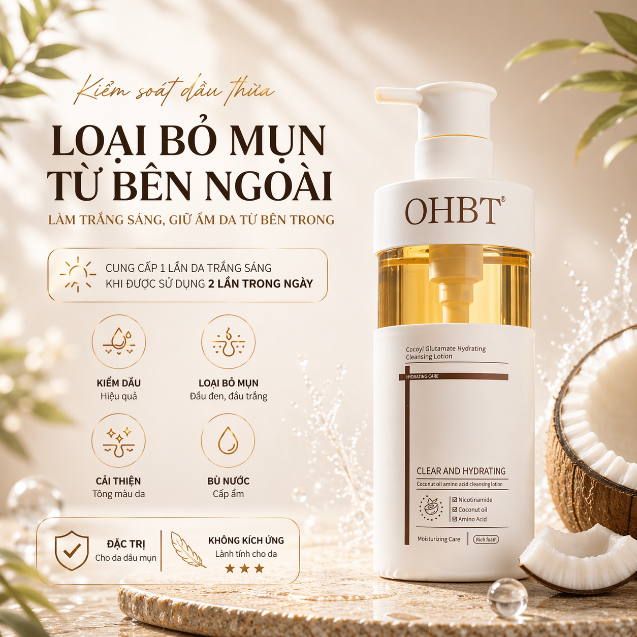 Sữa Rửa Mặt Dưỡng Ẩm Tinh Dầu Dừa OHBT Cococyl Glutamate Hydrating Cleaning Lotion 300ML